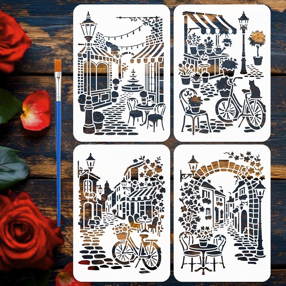 FINGERINSPIRE 4PCS Street View Stencils with a Brush 8.3x11.7 Inch Street Style Painting Stencil Reusable Plastic Pathway Scenery Template for Painting on Wood Wall Canvas Furniture Home Decor