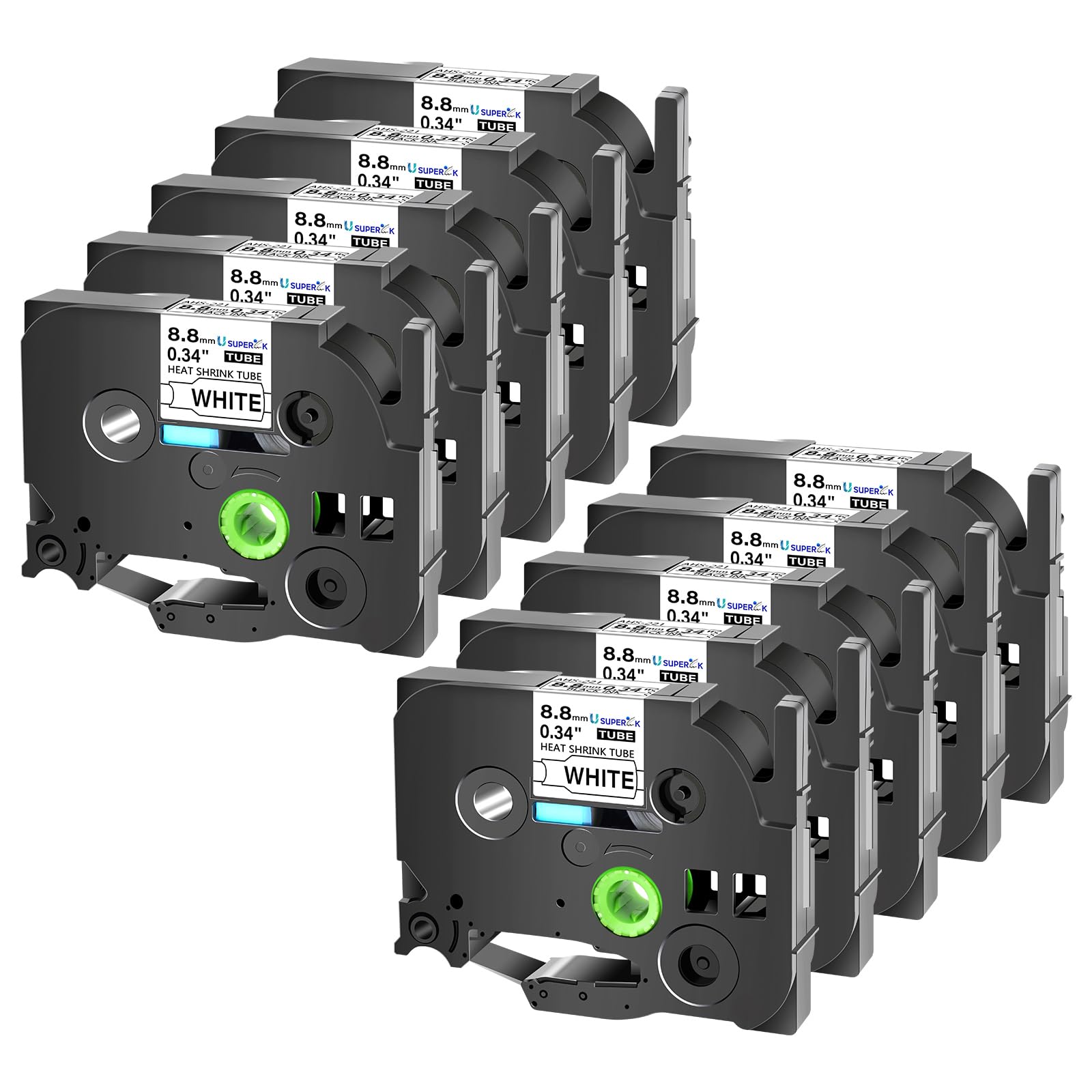 USUPERINK 10PK Compatible for Ptouch HSe-221 HSe221 HS-221 HS221 Black on White 8.8mm 0.34'' Heat Shrink Tubing for Wire Cable for PT-D200 PT-D215e PT-D201 PT-D210 Label Maker Tape