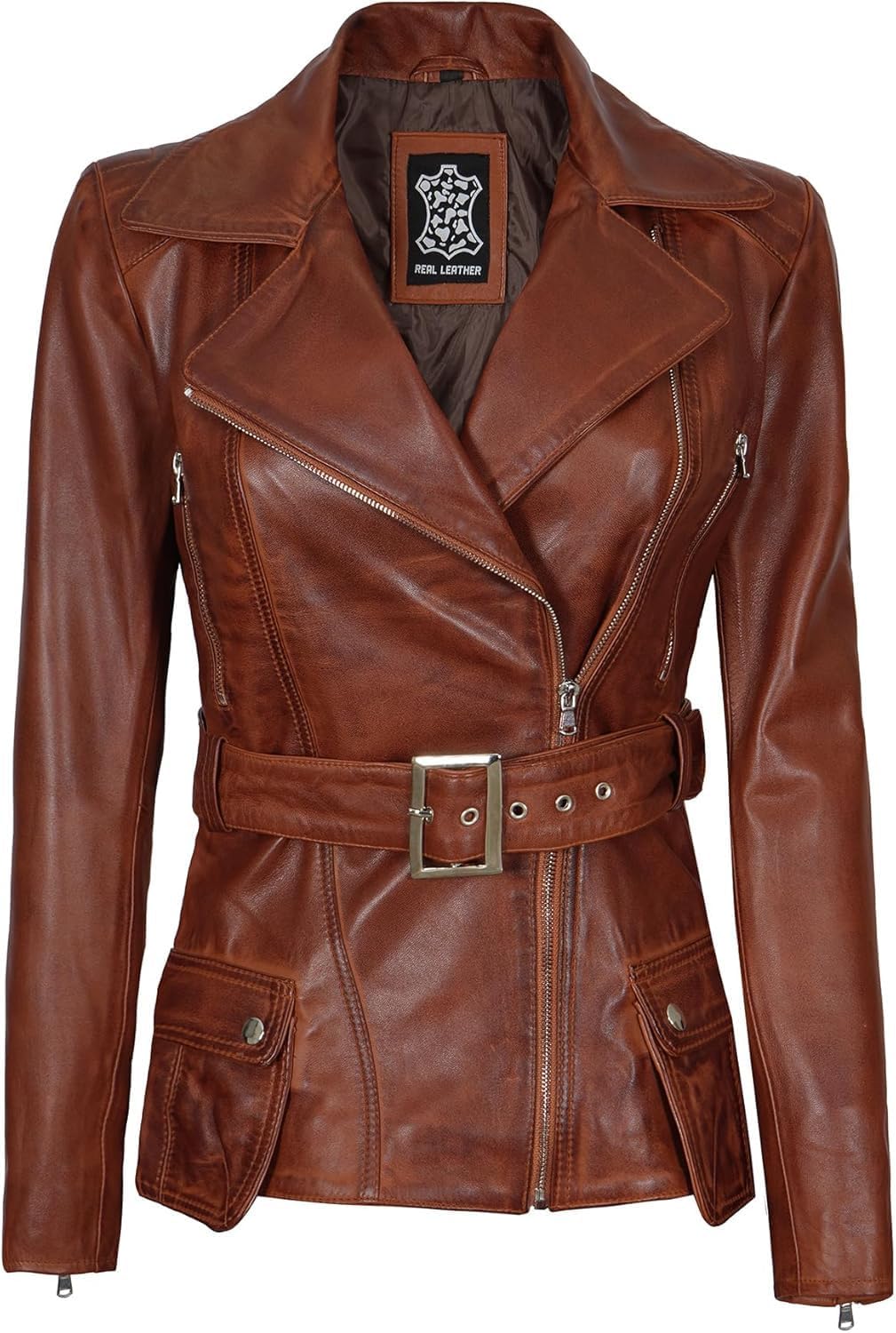 fjackets Women Leather Jacket - Real Lambskin Belted Style Leather Jackets Womens Stylish Asymmetrical Women's Leather Jacket - Image 2
