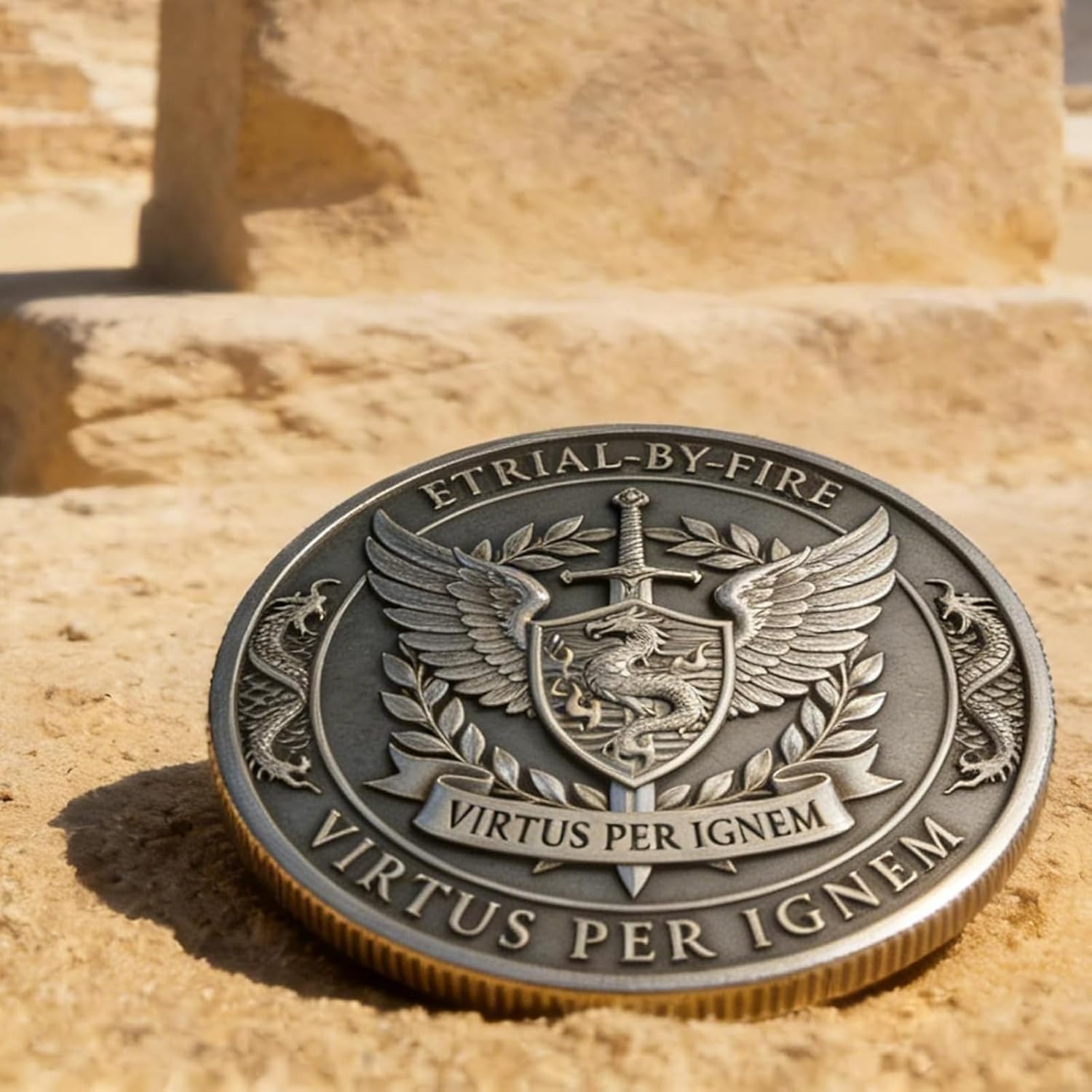 Trial by Fire Dragon Ascension Commemorative Coin, Fantasy Dragon Shield & Sword Challenge Coin, Double Sided Metal Collectible, Mythical Dragon Gift for RPG, Gamers & Fantasy Fans (5PCS)