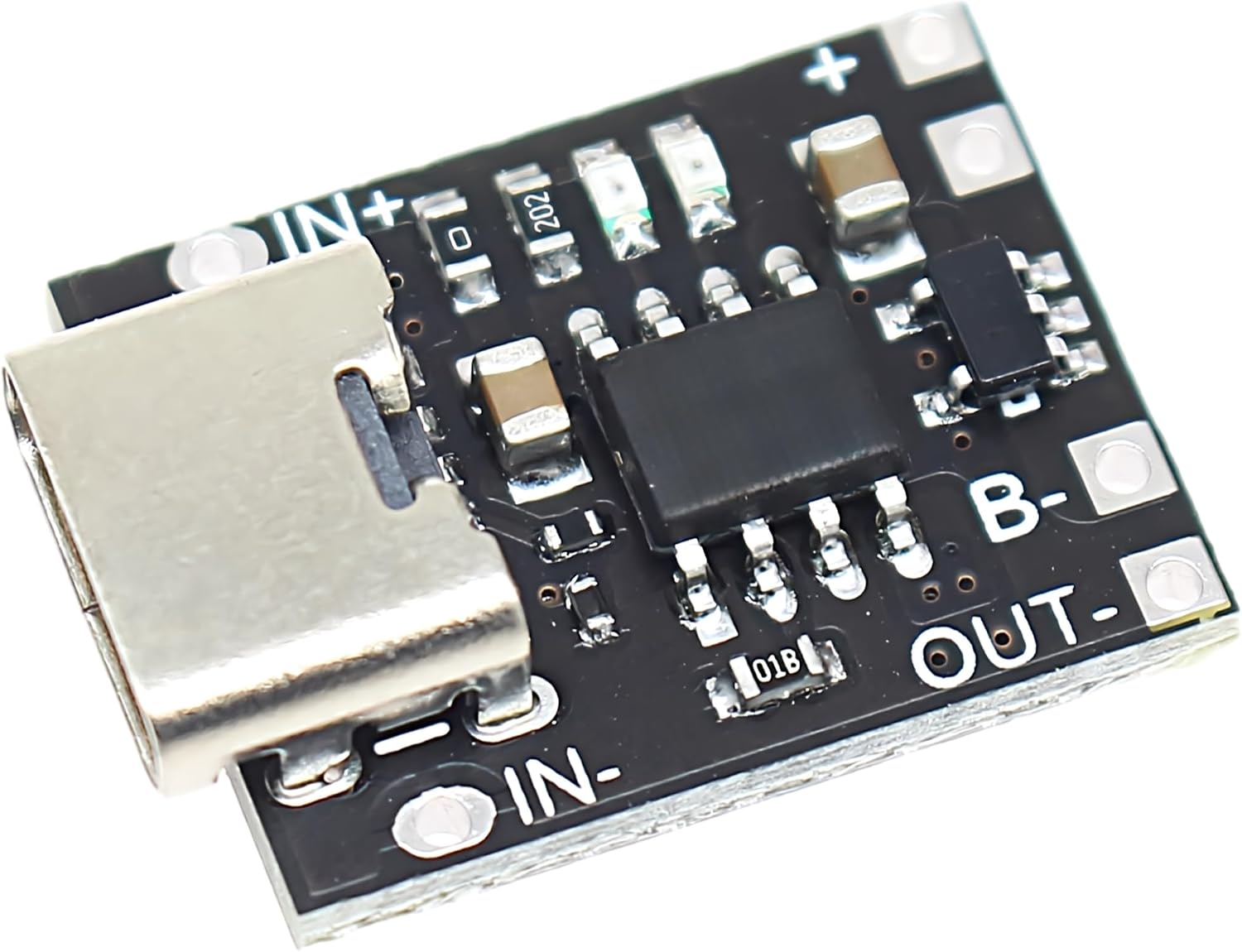 Top view of the JacobsParts charger board showing USB-C port, IN+, IN-, B-, and OUT- connection points.