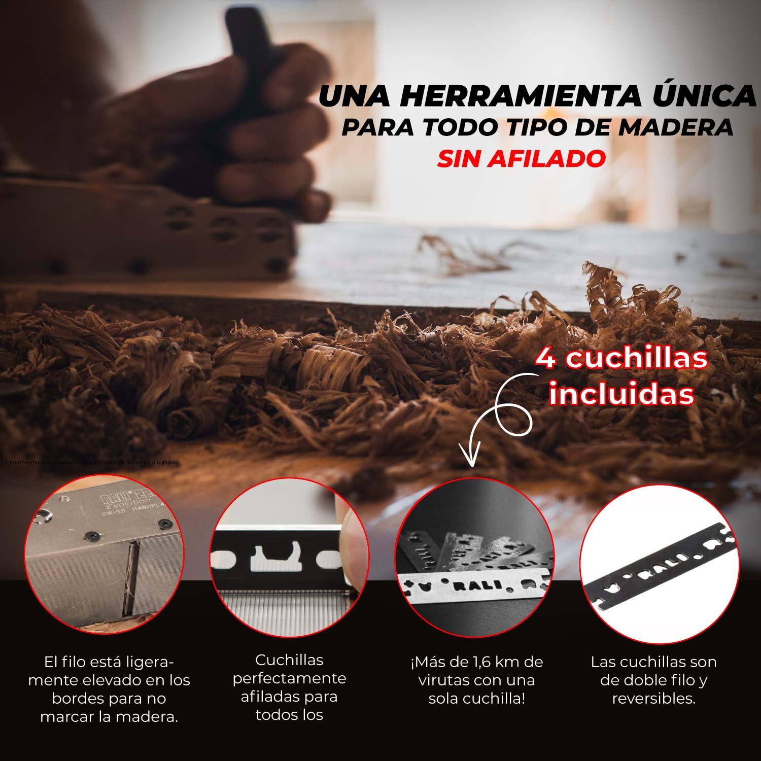RALI 105 EVOLUTION N: Cepillo de palma sin afilado con 4 cuchillas reversibles | Cepillo manual para carpinteros | Ajustes fáciles de la profundidad de corte y del contrahierro | Siempre operativo