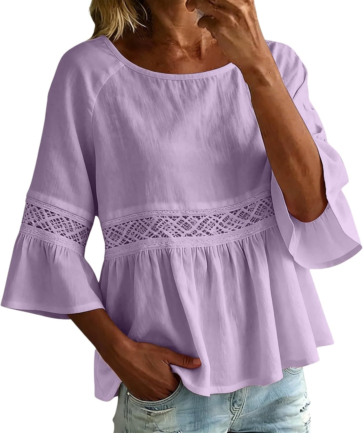 Linen Peasant Tunic Tops for Women 3/4 Bell Sleeve Flowy Peplum Peasant Blouses Loose Fit Cute Babydoll Shirts