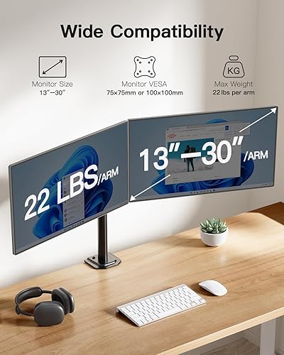 Miniatura 2 de HUANUO Soporte de monitor doble para 2 monitores de hasta 30 pulgadas, soporte de monitor doble resistente con capacidad para hasta 22 libras, brazo