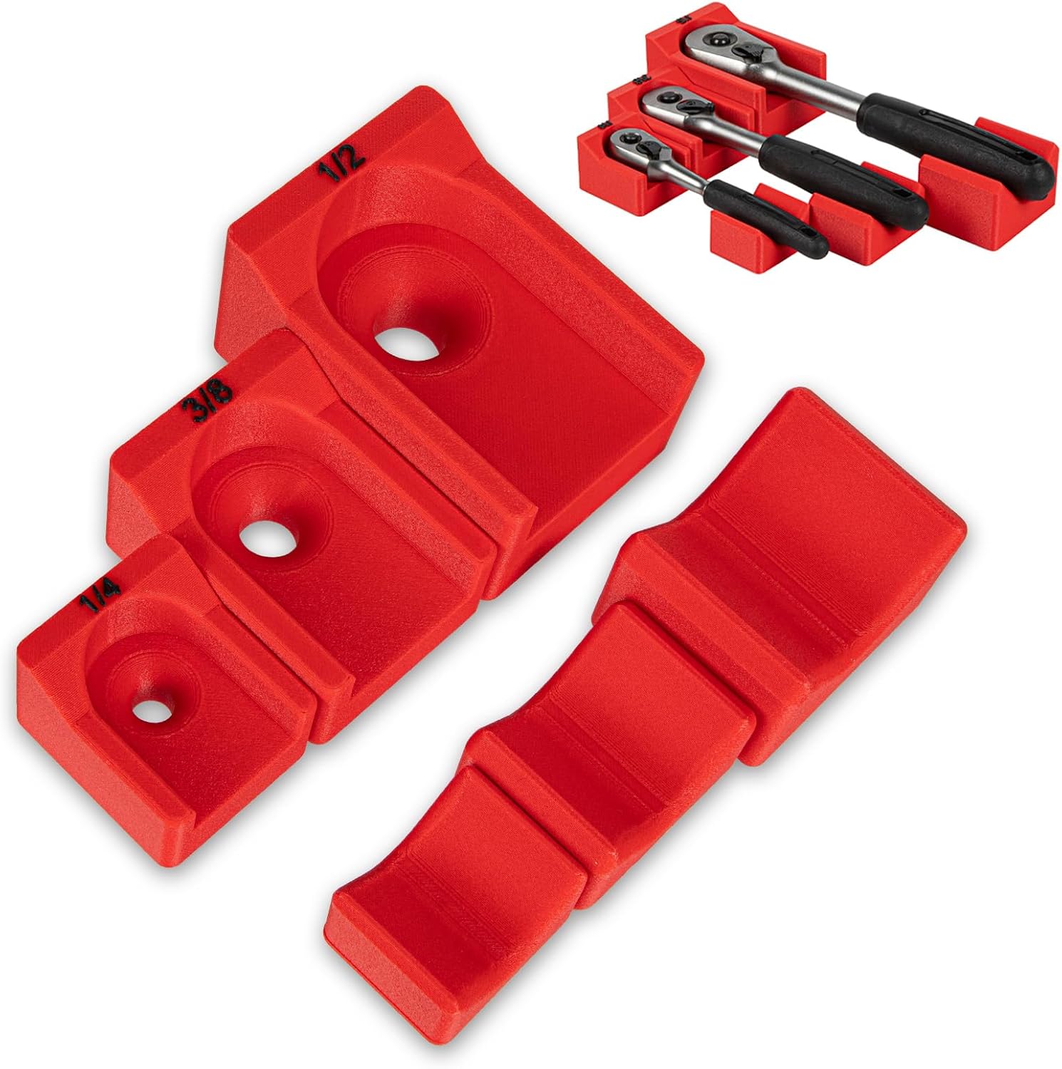 Magnetic Ratchet Organizer Set for 1/4", 3/8", 1/2" Ratchets — Low-Profile Modular Magnetic Drawer Mounts (Red)
