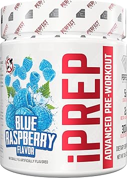 PERFECT SPORTS iPREP Advanced Pre Workout | 5g Creatine, 2g Beta Alanine, 300mg Electrolytes, 320mg Caffeine | Sugar, Dye, Gluten Free | 30 Servings Blue Raspberry