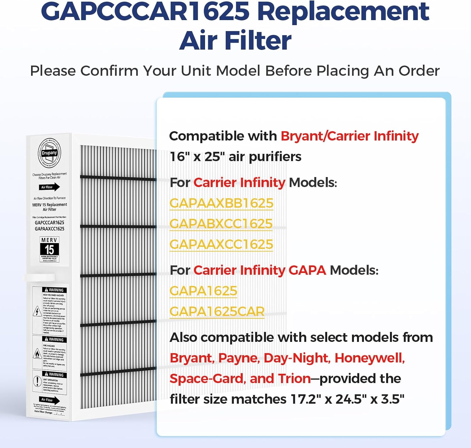 MERV 15 Replacement Air Filter, Compatible with Bryant/Carrier Infinity Air Purifier GAPAAXCC1625, GAPCCCAR1625, Actual Filter Size 17.2" x 24.5" x 3.5", 1 Pack - Image 2