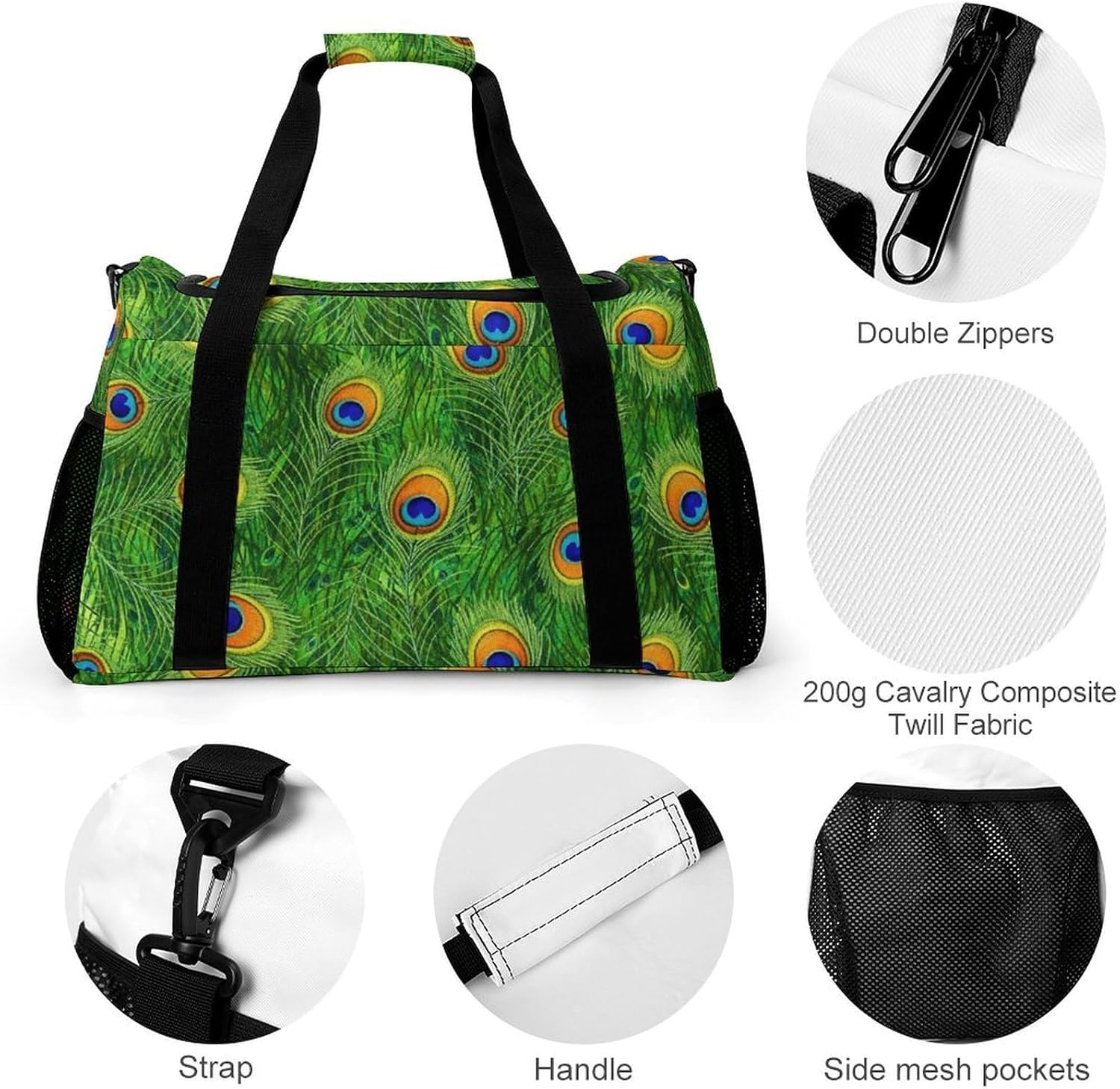 Carry On Luggage Tote Bags Green Peacock Feathers Toiletry Weekend Overnight Bag Travel Sport Gym Bag for Men Women