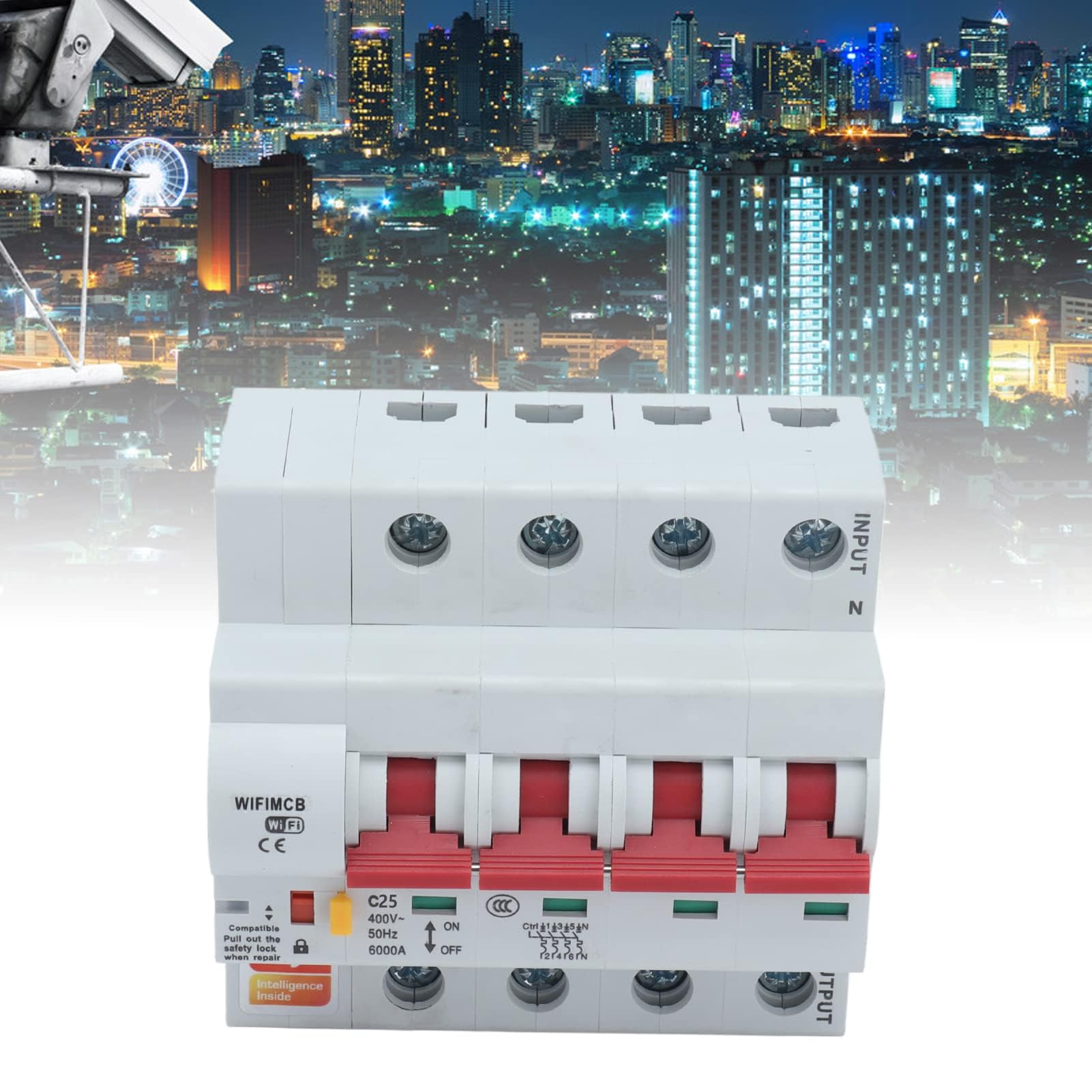 Disyuntor WiFi de 4 Polos Disyuntor de Control Remoto Disyuntor de Carcasa Ignífugo con Bloqueo de Seguridad AC400V Aislador para Energía((25A))