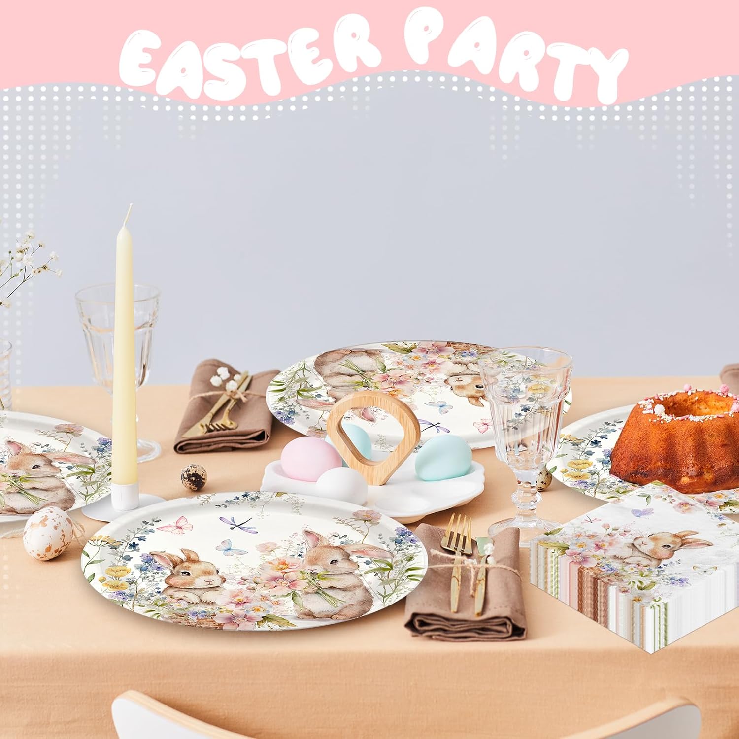 100Pcs Easter Plates, Easter Plates and Napkins includes 50pcs Oval Easter Paper Plates and Easter Napkins, Bunny Rabbit Disposable Easter Plate and Napkin for Happy Eater Decorations
