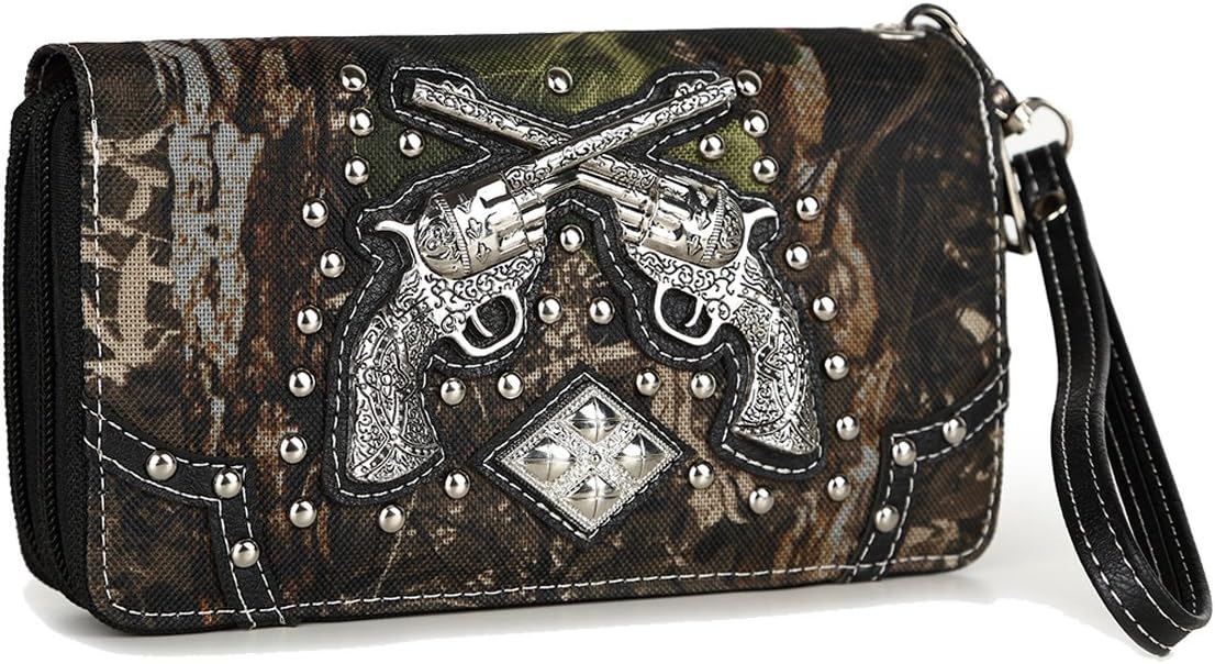 Camouflage Cross Pistol Revolver Gun Studded Clutch Conchos Women Zipper Wallet Western Wristlets Purse