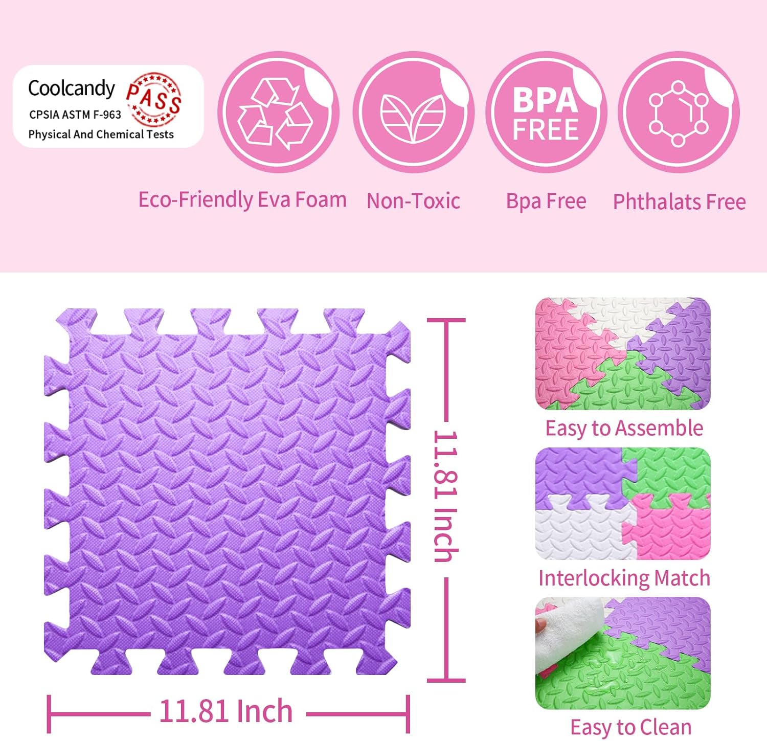 Coolcandy Baby Foam Play Mat 16Pcs with Edge Strips, 4 Colors Interlocking Floor Tiles, 0.4″ Thickened Non-Slip Puzzle Floor Mat for Infants Toddlers Playroom & Daycare