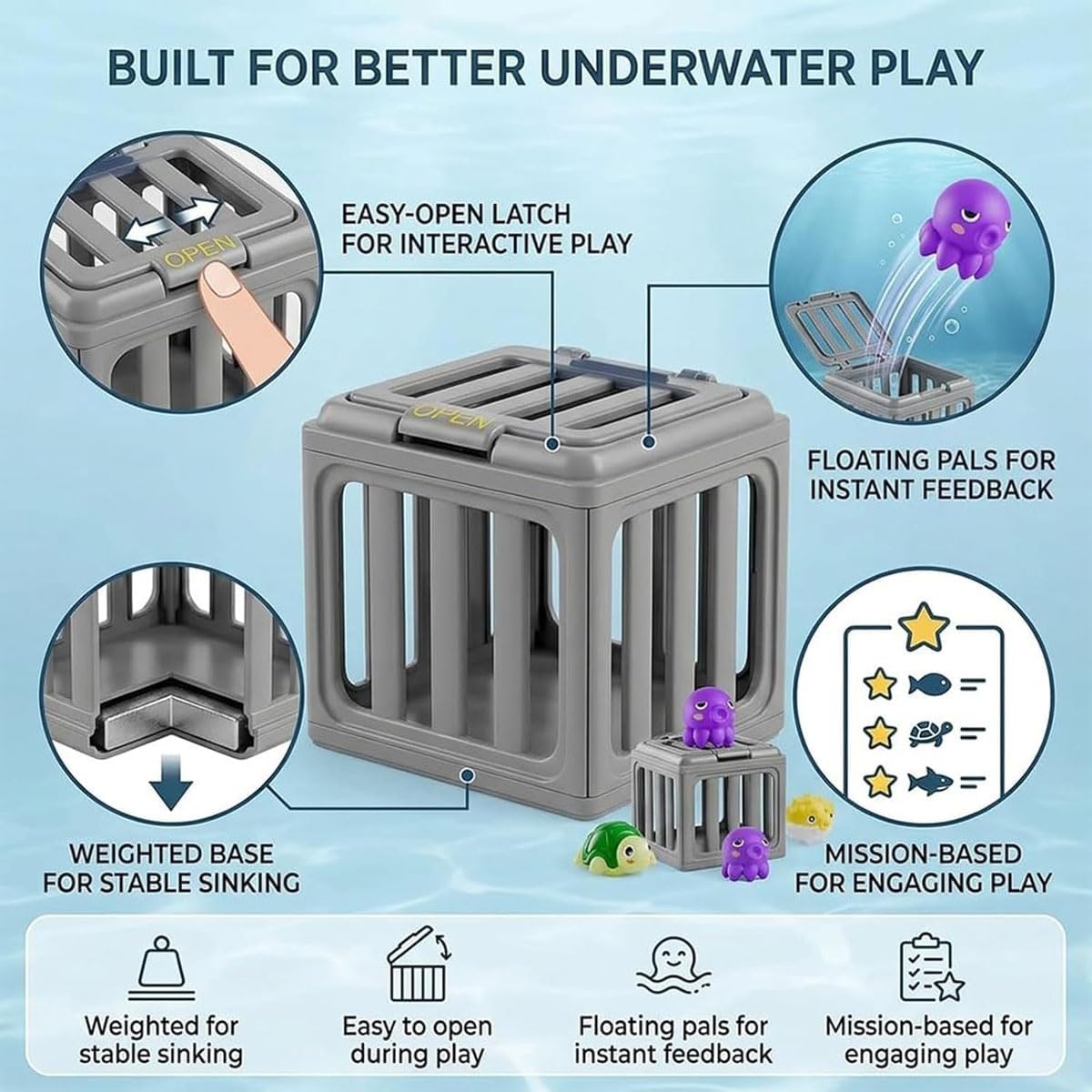 Underwater Dive Rescue Toys, Pool Diving Toys with Storage Fish Box, Diving Cages Toy with Animals Floating, for Swim Training, Beach Lake Bath Summer Party Gift (2Sets)