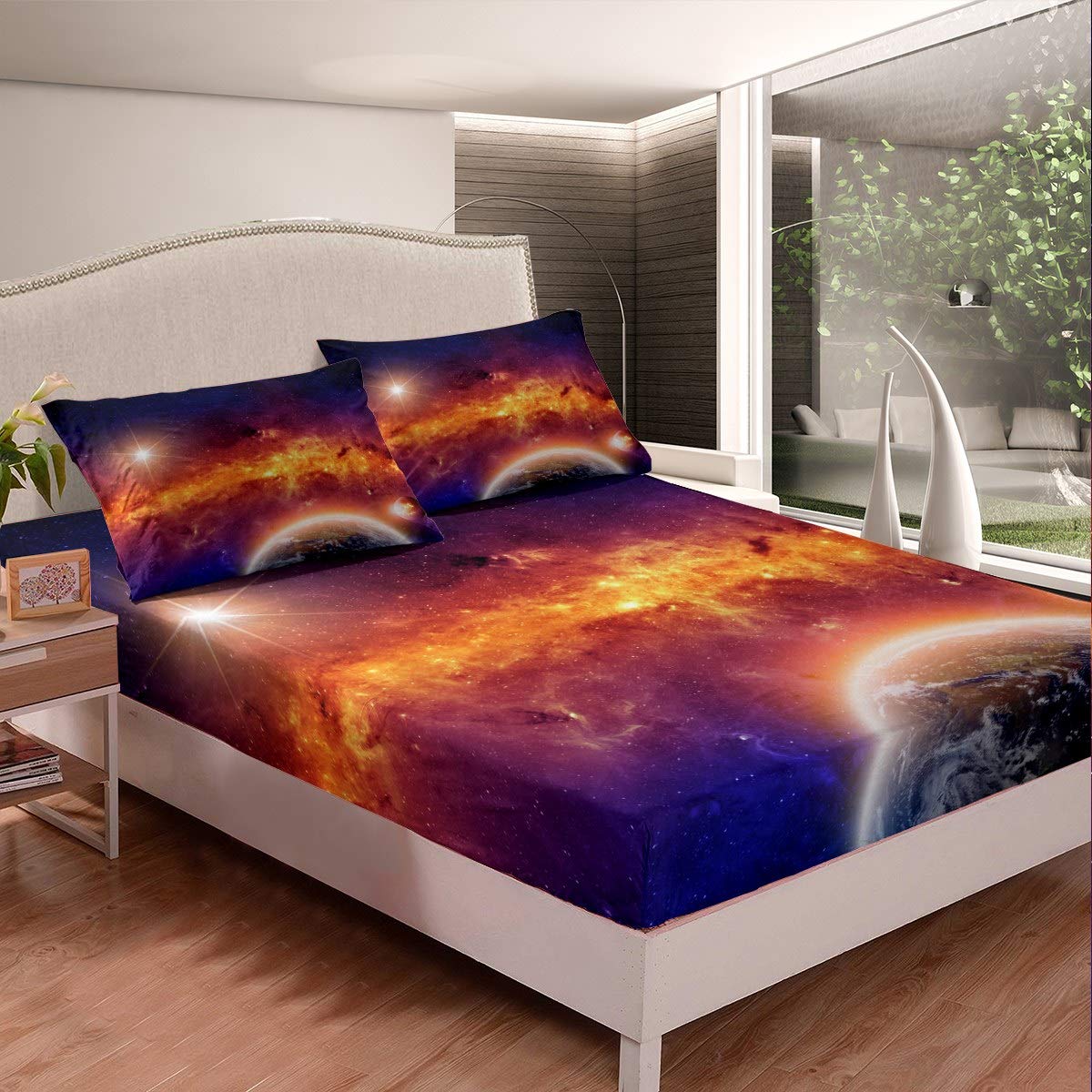 Loussiesd Galaxy Bedding Set for Girls Boys Children Outer Space Themed Bed Sheet Set Decorative Universe Planet Fitted Sheet Colorful Starry Sky Bed Cover Double Size 3Pcs