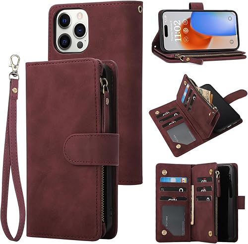 RANYOK Funda tipo cartera para iPhone 15 Pro con bloqueo RFID, tarjetero de piel sintética de alta calidad bolsillo con cremallera Funda tipo