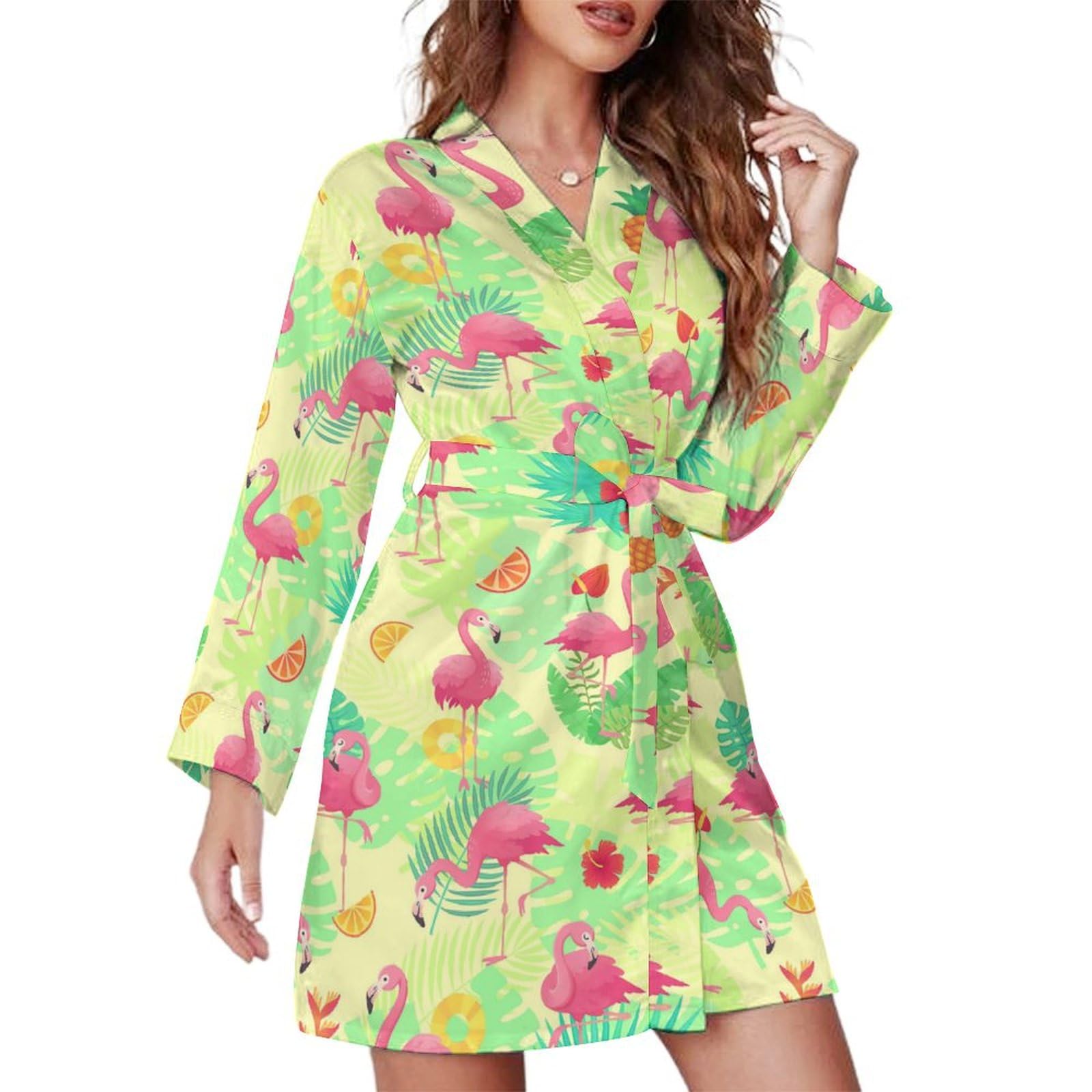 Qtavetend Women's Style Knee Length Kimono Robe Flamingos Tropical Plants Jungle Bathrobe Loungewear Pajama Sleepwear S