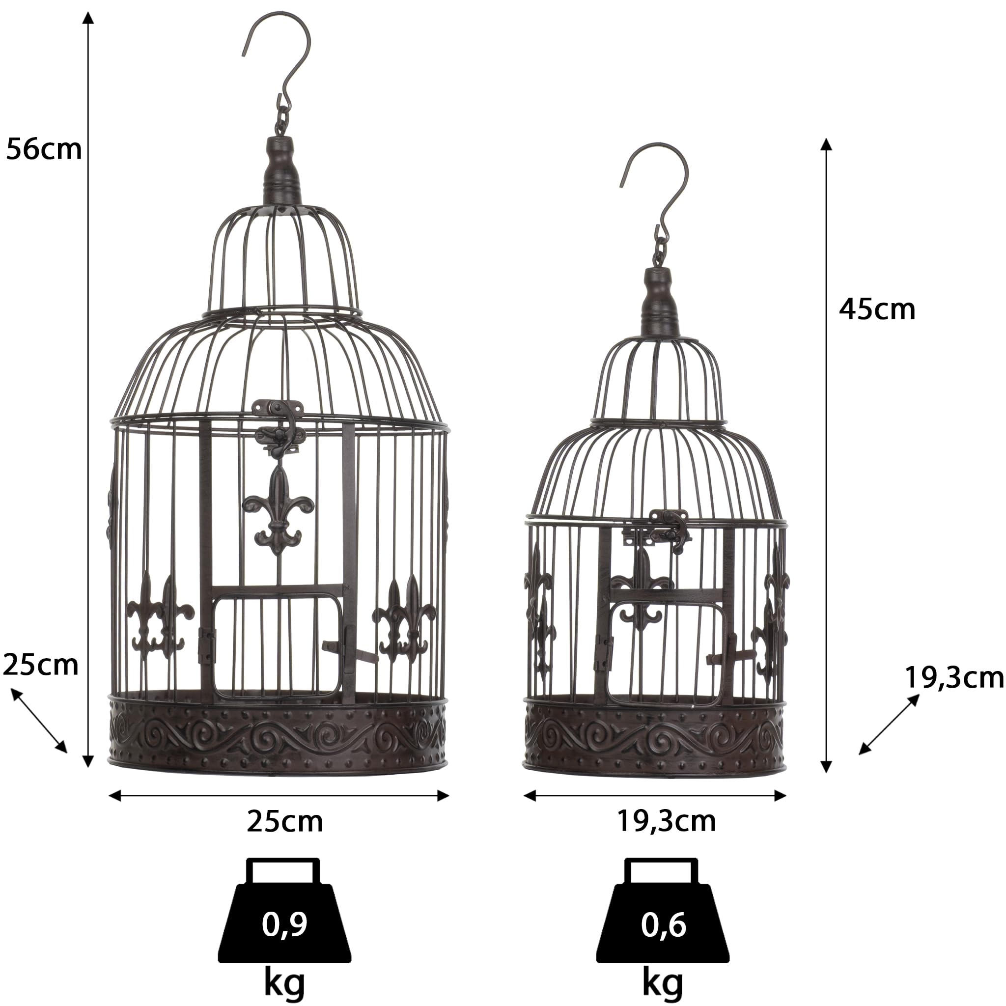 Dekorativer Vogelkäfig 2er Set aus Metall antik braun Vintage Deko Käfige groß 56 x 25 cm klein 45 x 19,3 cm zum Stellen oder Aufhängen für Innen und Außen