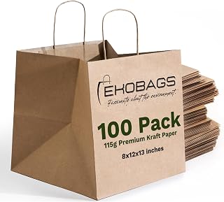 EKOBAGS SIENNA 100 | Extra Large 12x8x13 Heavy Duty Kraft Paper Gift Bags with Handles | 115 GSM Premium Brown Paper Bags Bulk for Small Business, Boutique, Shopping, Catering | FSC Certified, Recyclable | Holds 10 lbs