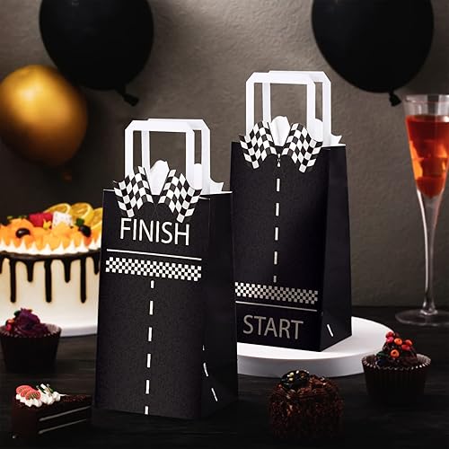 Miniatura 7 de Leinuosen 16 bolsas de regalos para autos de carreras a granel a cuadros con asas, bandera de carreras a cuadros en blanco y negro para suministros