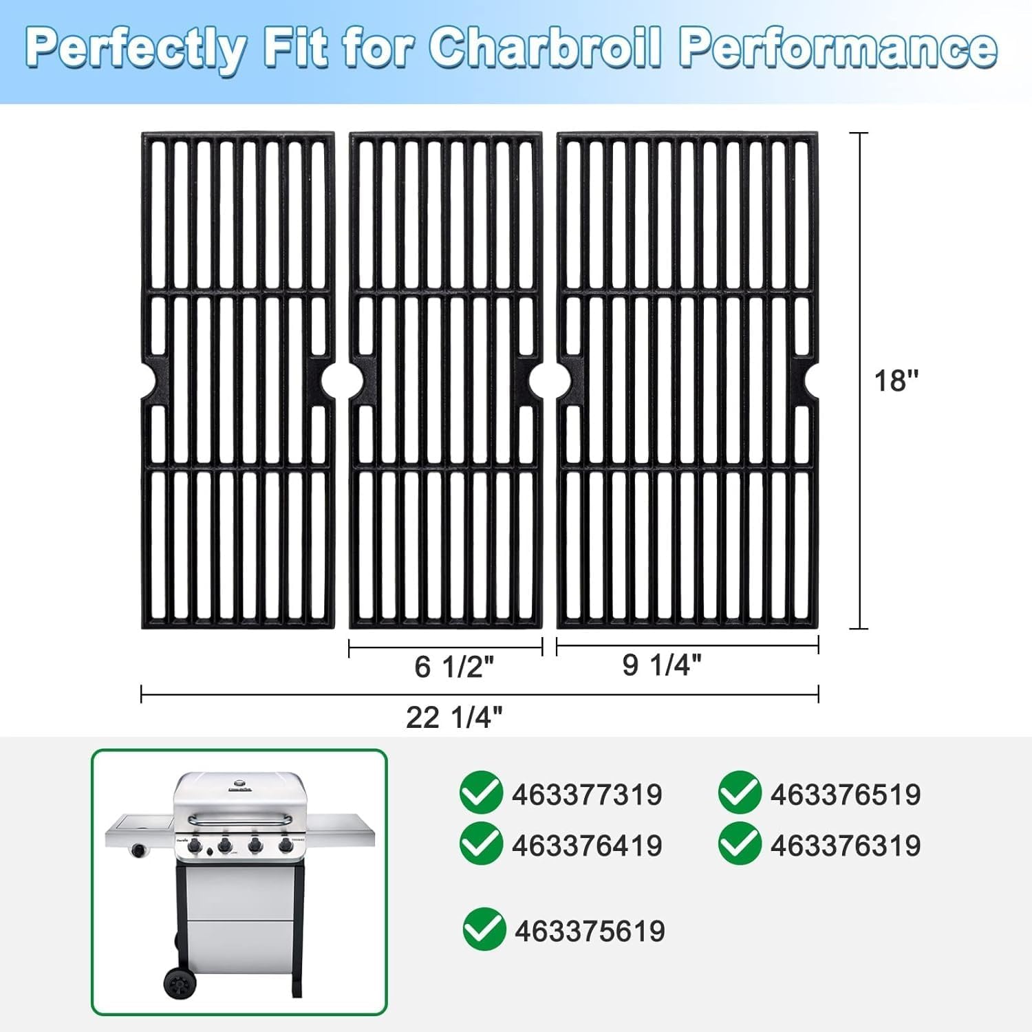 Adviace 18 Inches Grill Grates Replacement for Charbroil Performance 463377319, 463376419, 463376519, 463376319, Cast Iron Cooking Grid Grates for Char-Broil G470-0002-W1, G470-0003-W1, G321-0005-W1. 18'' x 22 1/4'' for 3 Pcs
