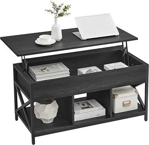 Miniatura 7 de VASAGLE ULCT212B22 - Mesa auxiliar elevable con estante de almacenamiento, compartimentos ocultos y parte superior elevable, para sala de estar,