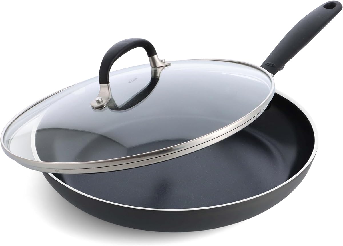 12” Non-Stick Every Day Frying Pan with Lid, BPA-Free Comfort Grip Silicone Handle, Dishwasher & Oven Safe, PFAS-Free Ceramic Skillet, Black
