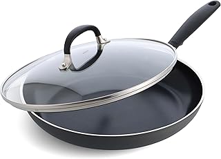 12” Non-Stick Every Day Frying Pan with Lid, BPA-Free Comfort Grip Silicone Handle, Dishwasher & Oven Safe, PFAS-Free Ceramic Skillet, Black