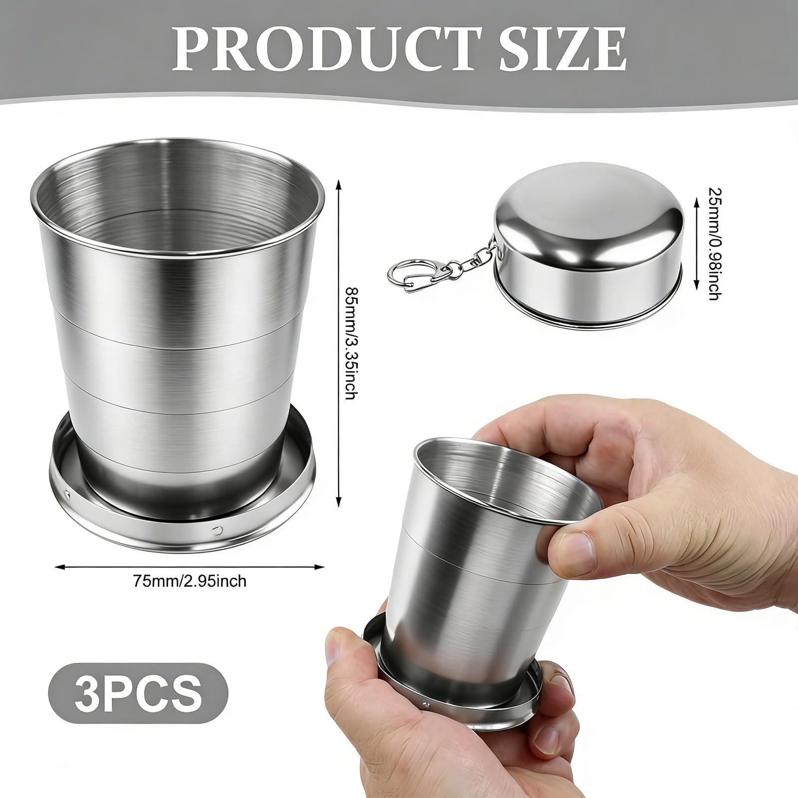 3 bicchieri pieghevoli in acciaio inox 304 con portachiavi da 250 ml, per sport all'aria aperta, campeggio, escursionismo, arrampicata, pesca, picnic e viaggi
