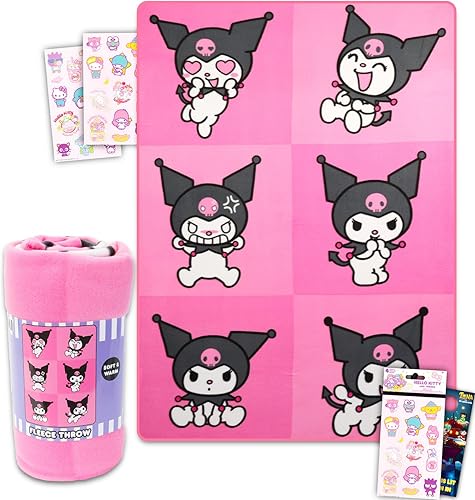 Hello Sanrio Kuromi - Paquete de manta Kuromi con calcomanías de Hello Kitty y más para niños pequeños (manta de forro polar Hello Kitty) 45 x 60