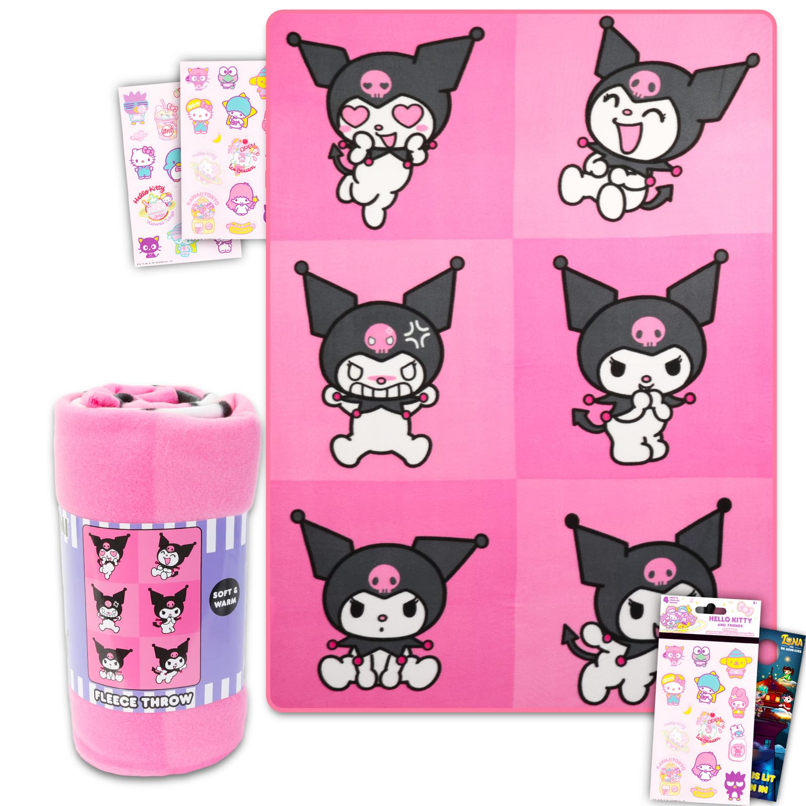 Hello Sanrio Kuromi Blanket Bundle - Kuromi Blanket Throw Bundle with Hello Kitty Stickers and More for Kids Toddlers Children (Hello Kitty Fleece Blanket) 45” x 60”