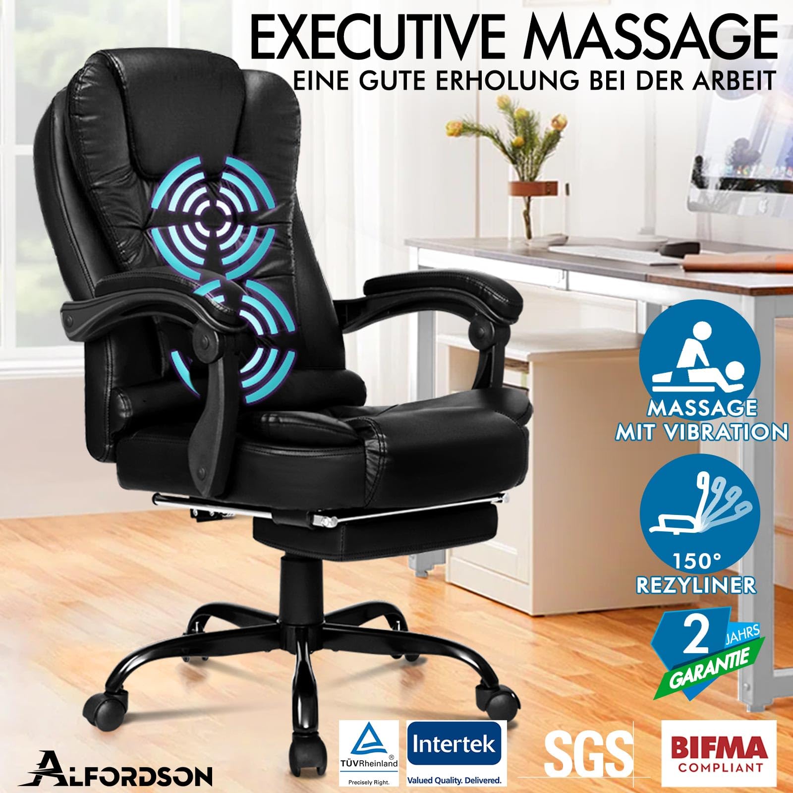 Sedia Ufficio Ergonomica ALFORDSON Con Massaggio 8 Punti E Riscaldamento - Pelle PU Nero, Supporto 180 Kg