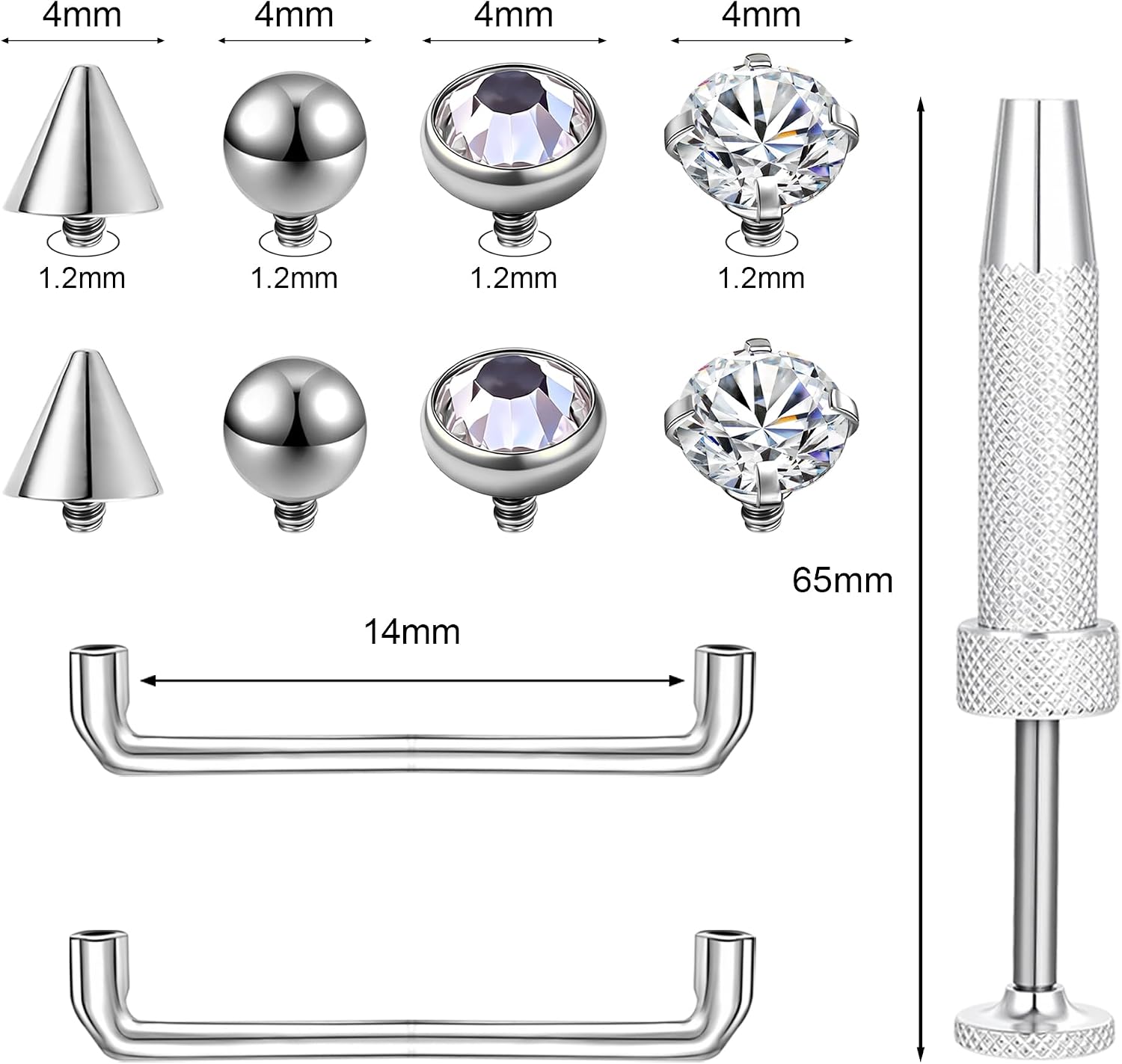 14G Surface Piercing Jewelry, G23 Pure Titanium Internally Threaded Flat Barbell with 6 PCS Replacement Balls CZ, 12/14/16mm Staple Surface Tragus Dermal Piercing for Sensitive Skin