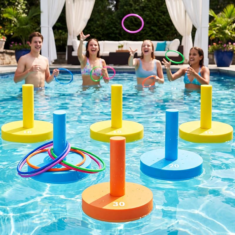 Leitee 24 Pcs Floating Ring Toss Game for Pool, 6 EVA Floating Targets & 12 Throwing Rings, Water Game with 10/20/30 Point Scoring, Outdoor Pool Toys for Kids Adults, Family Party Beach Backyard
