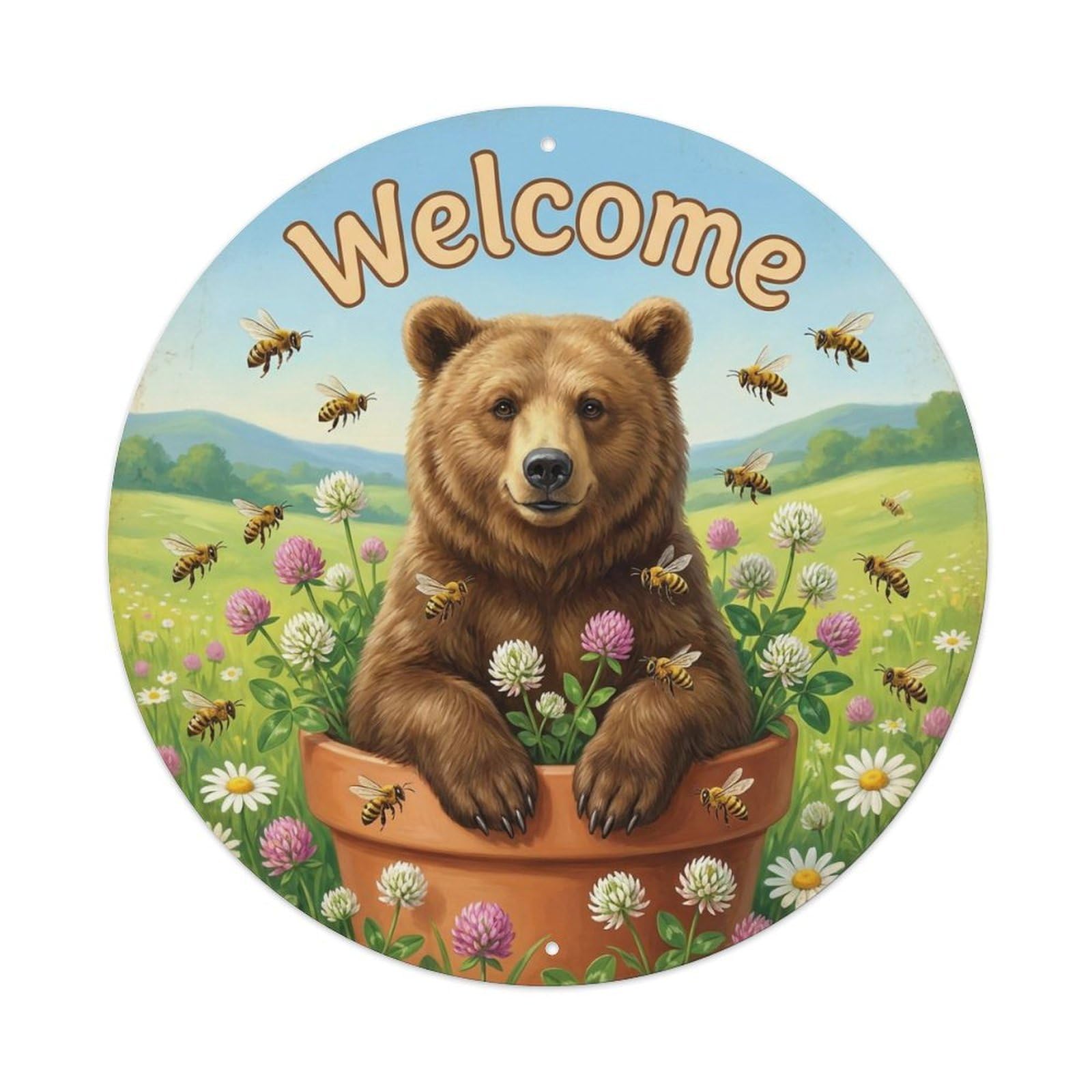 Okahys 8X8inch(20X20cm) Welcome Bear Honey Meadow Metal Tin Sign