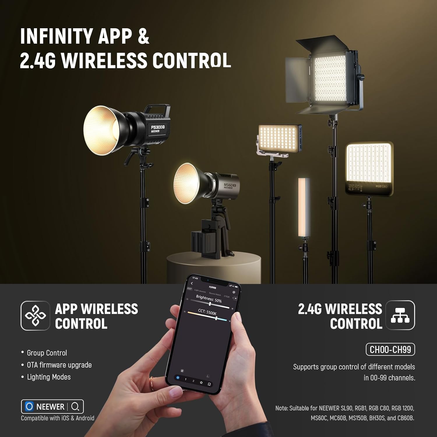 NEEWER FS300B - Luz LED de Video de Estudio de 300 W, iluminación Continua COB Bicolor con Control de 2.4 G/App 44500 Lux/1 m 2700K-6500K CRI97+, 12 escenas, Foco de Montaje Bowens para grabación de