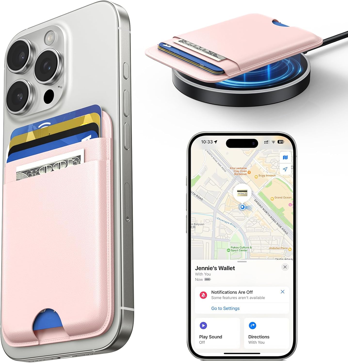 Wtuhu MagSafe Wallet with Full Find My Slim RFID-Blocking Vegan Leather Phone Wallet Portable Dual-Pocket 5 Cards Holder Strong Magnetic for iPhone 12–16 Series Not for 13/12 Mini (Pink)