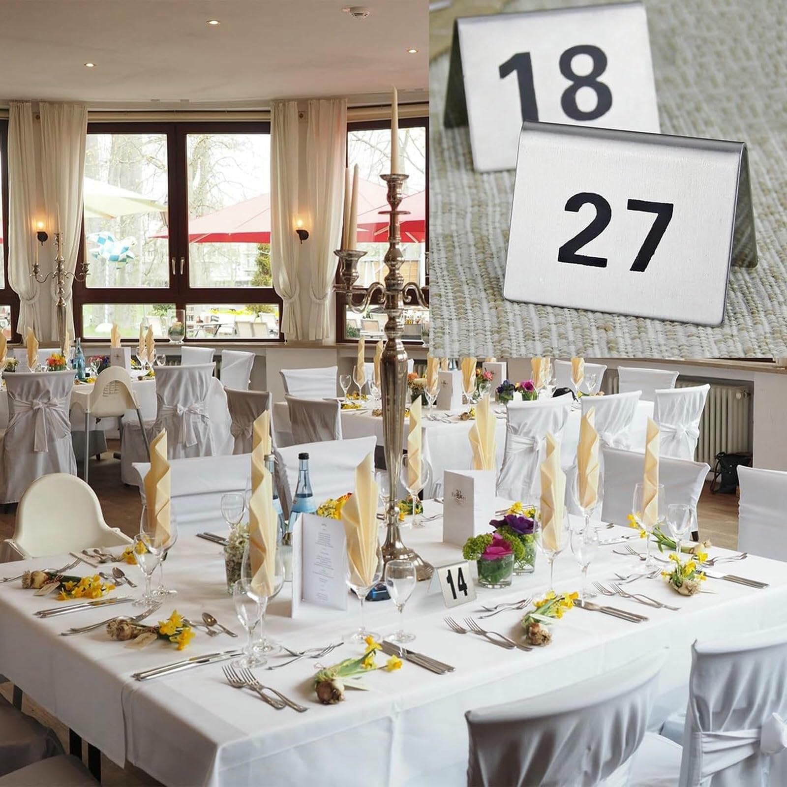 Placas de números de mesa, estilo tienda de campaña de acero inoxidable, visualización digital de números para eventos, bodas, cumpleaños y fiestas