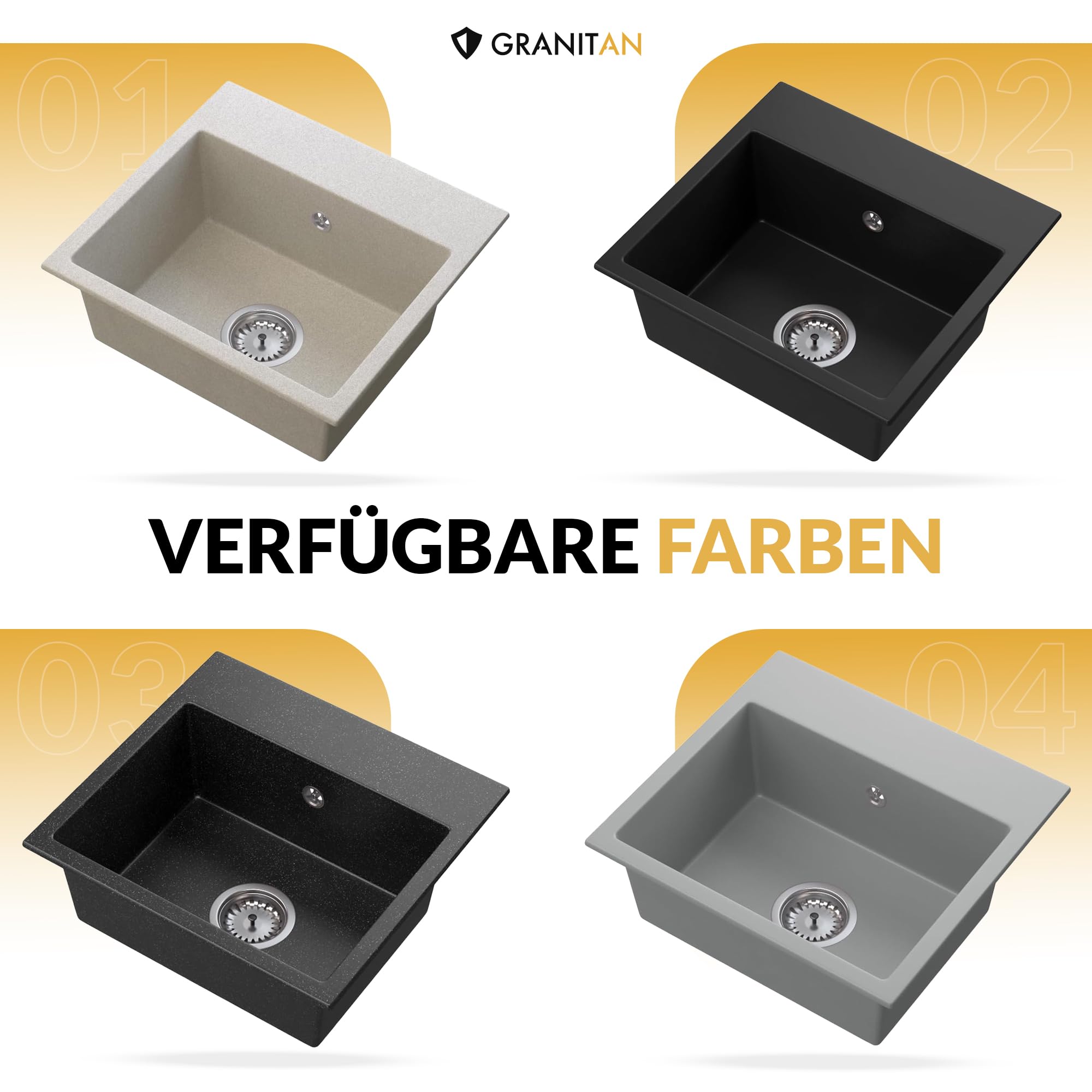 Granitan Spülbecken 44,5x41,5 cm mit Siphon, Granitspüle mit Zwei Löchern | Waschbecken für Küche mit Küchenarmatur, Einbauspüle Milos, Tiefschwarz (auch Schwarz Siphon)