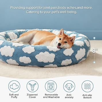 JOEJOY Jacquard Donut Round Dog Beds Medium Sized Dog,Blue 30x30x8in, Removable Washable Cover, Cute Pattern, Ultra Soft Fluffy Calming Pet Bed with Thick Supportive Bolster