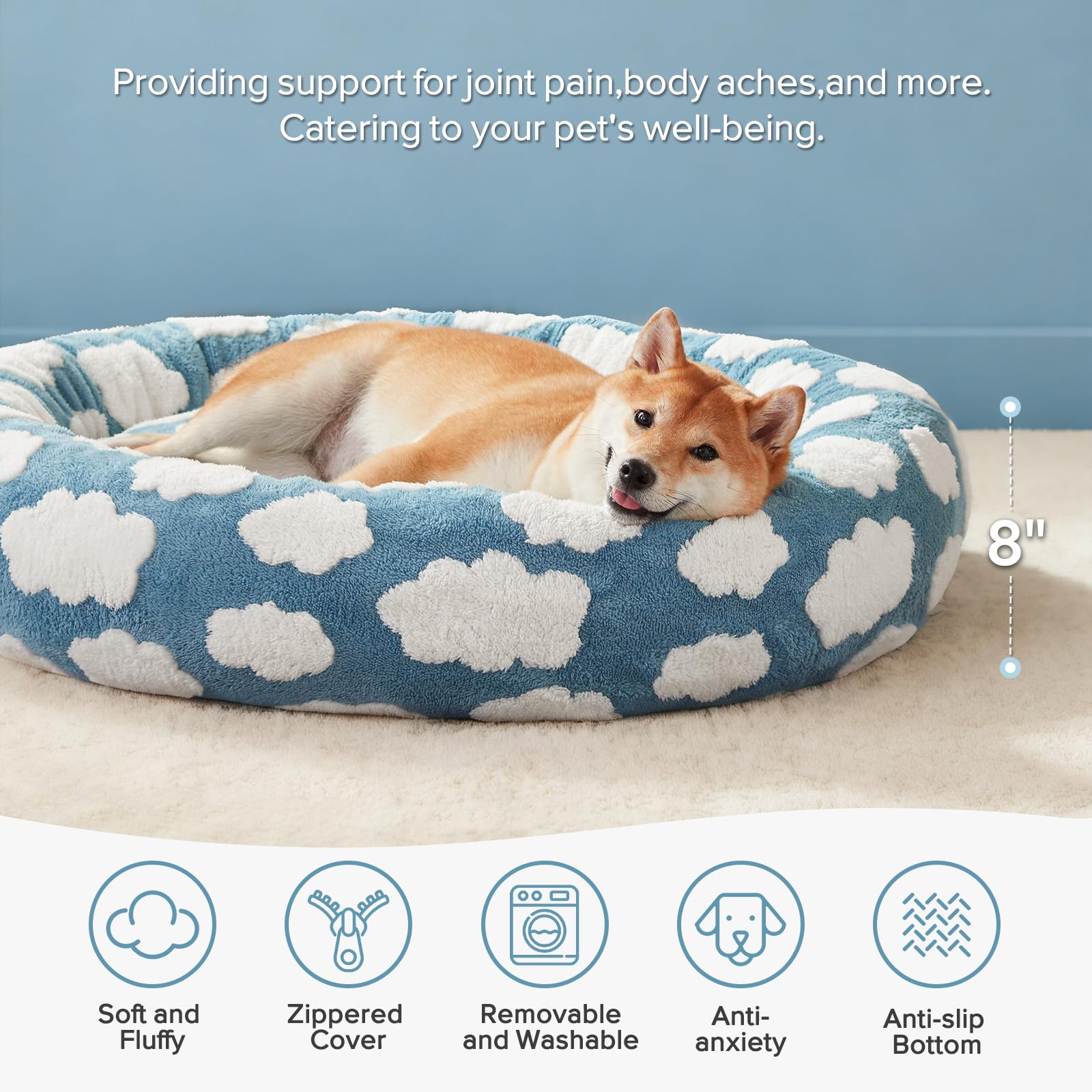 JOEJOY Donut Beruhigendes kleines Hundebett, rundes Katzenbett für Hauskatzen mit abnehmbarem, waschbarem Bezug, 58 cm, orthopädisches, niedliches Welpen-Kätzchen-Haustierbett mit Jacquard-Plüsch