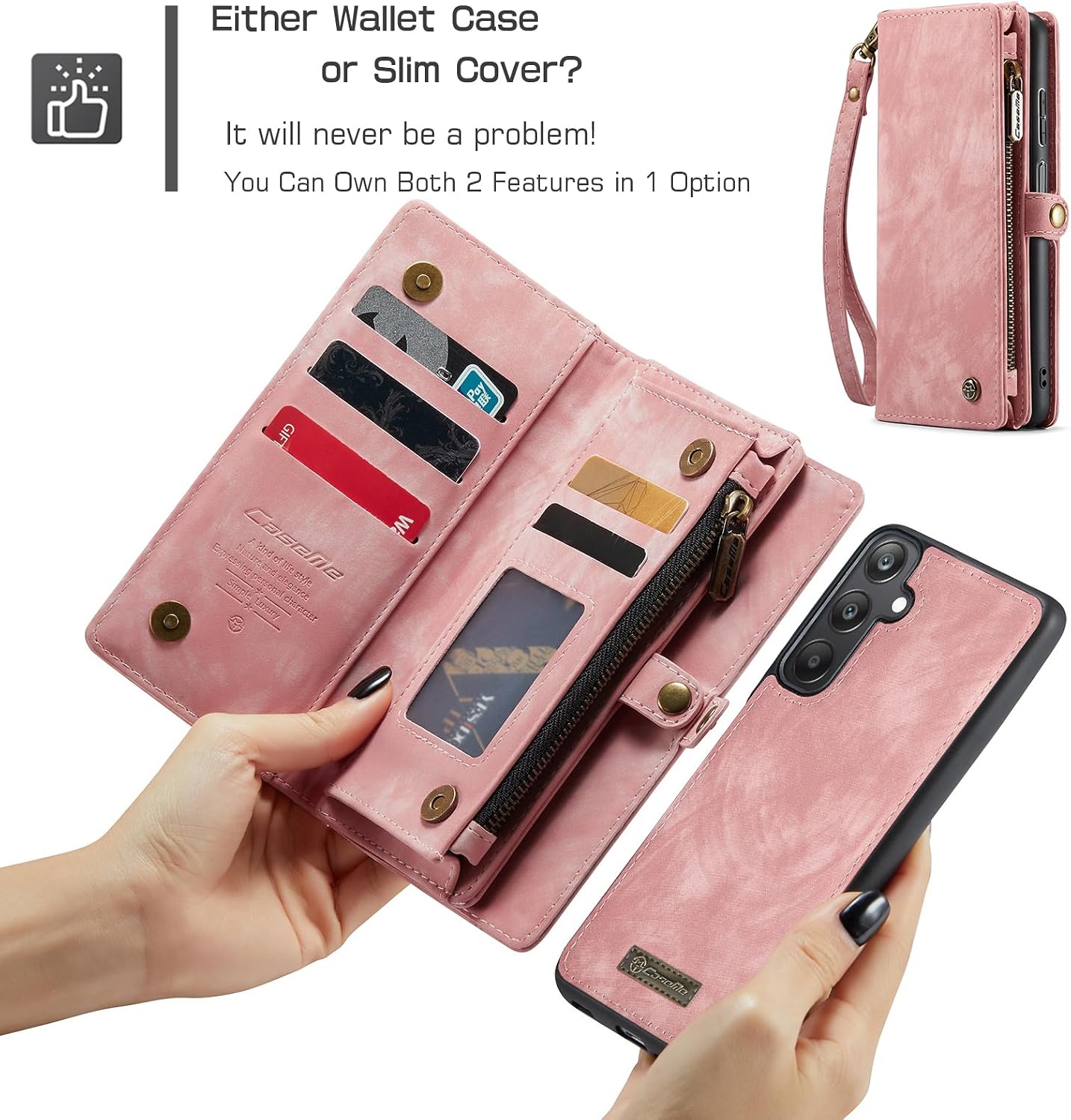 for Samsung A25 Case, Shockproof Card Holder Flip Magnetic 2-in-1 Detachable Zipper Slots Wallet Cover for Samsung Galaxy A25 5G, Anti-Scratch Leather TPU Bumper Luxury Purse Holster, Pink