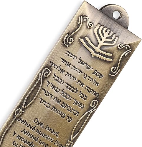 Miniatura 5 de BRTAGG Funda Mezuzah, 4.3" de altura, Escritura española y hebrea, bronce, regalos judíos (para rollo de 3.5 pulgadas)
