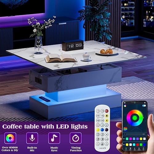 Miniatura 3 de Mesa de centro con tapa elevable de 39.4 pulgadas con estación de carga, mesa central con diseño de mármol brillante con compartimento de Blanco