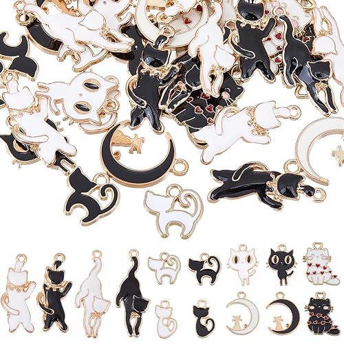 SUNNYCLUE 1 Box 56Pcs 7 Styles Black Cat Charms Cats Charm Metal Enamel Cute White Heart Moon Animal Kitten Pets Charm for Jewelry Making Charms DIY Keychain Bracelet Earrings Necklace Findings Women