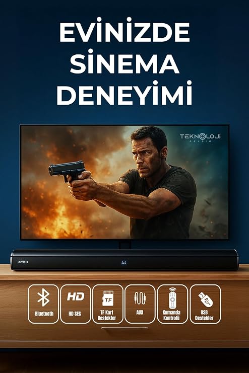 HP-TV05 Soundbar Kablosuz Ev Sinema Sistemi 80W Stereo HD Ses LED Ekranlı Bluetooth Uzaktan Kumandalı 100x7x10 cm 2 Yıl Garantili
