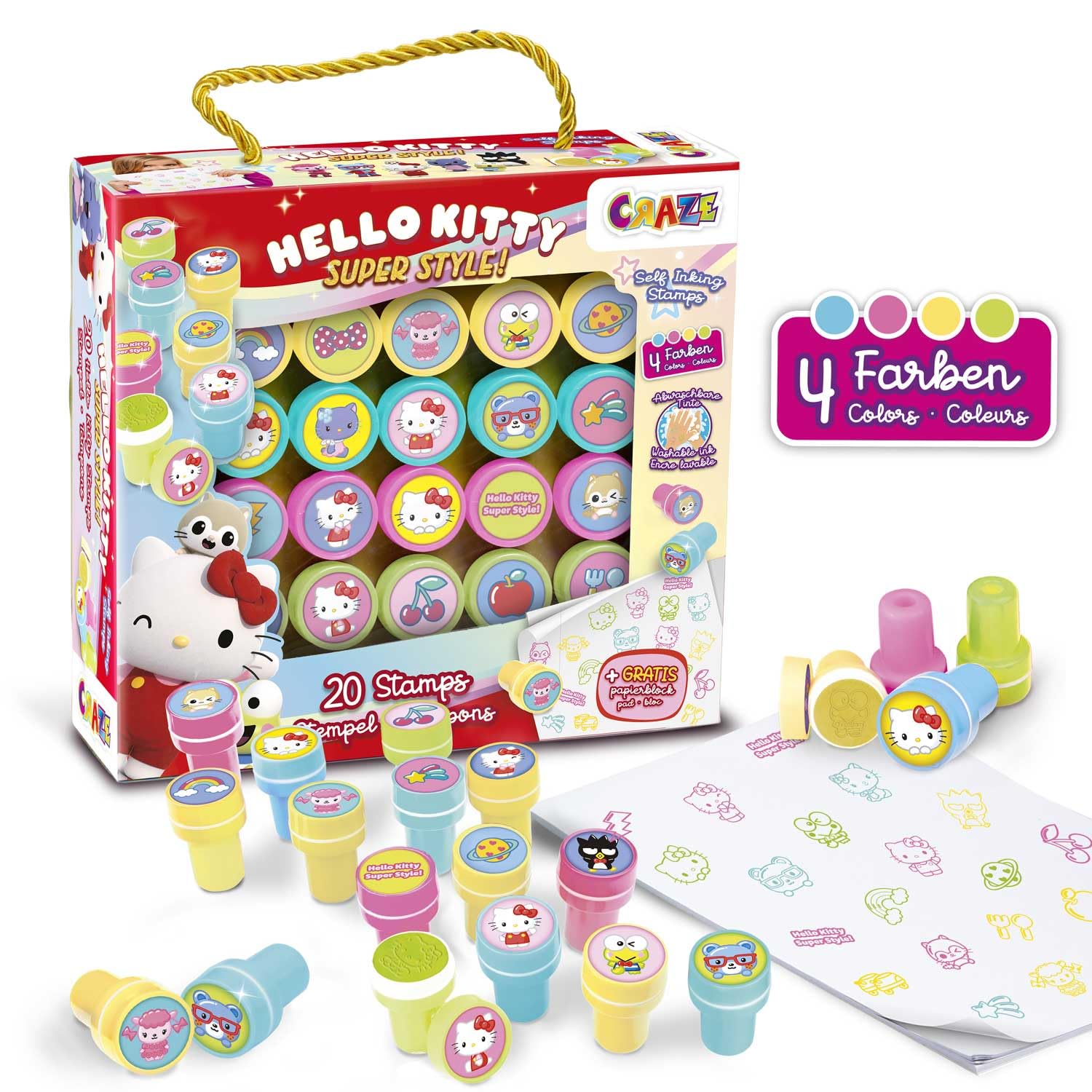 CRAZE 20 Sellos de Goma de Hello Kitty para Niños, Sellos Infantiles de 4 Colores, Incluye Bloc de Notas para Pintar, Tinta Lavable