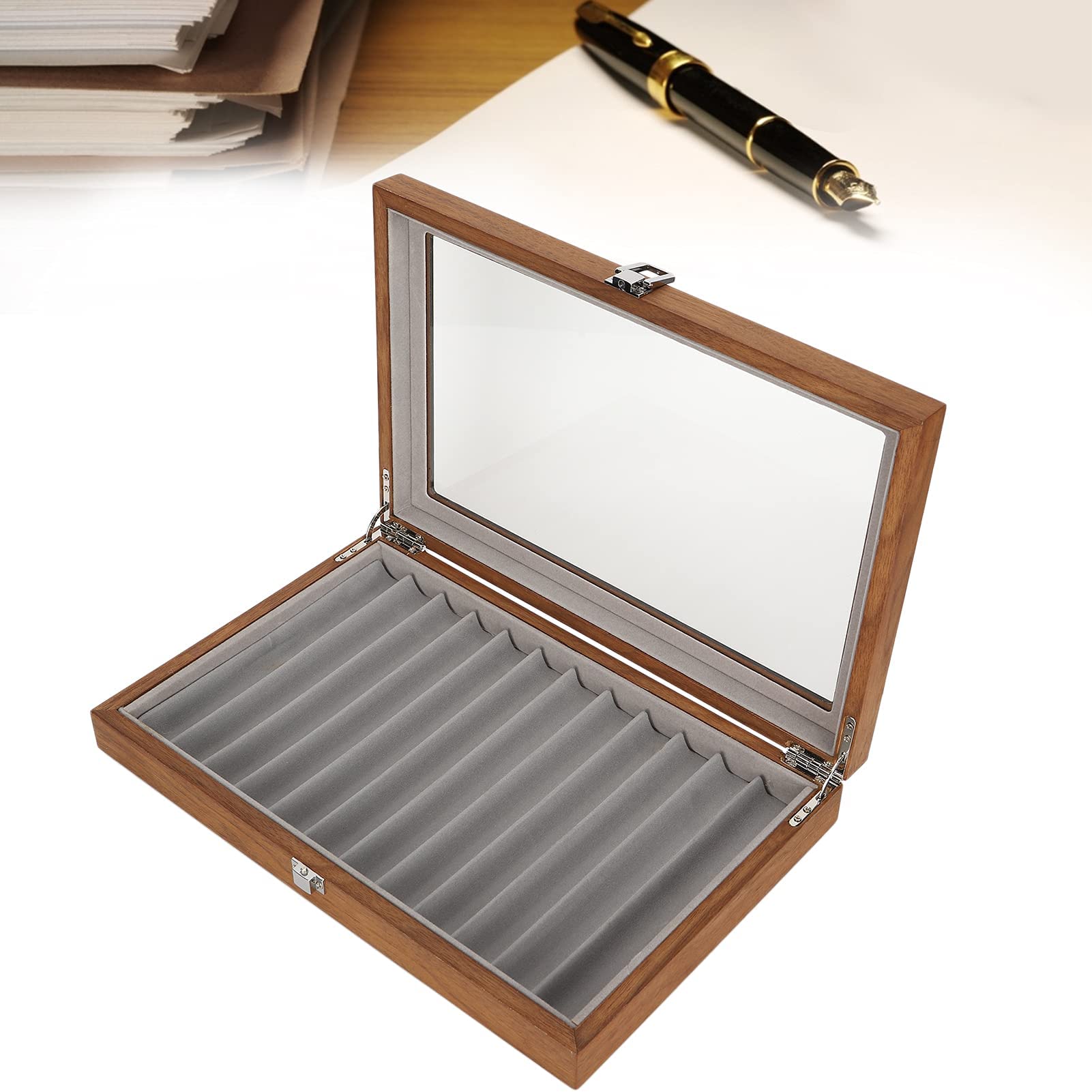 Zunate Organizador de madera de nogal Estuche de almacenamiento de madera para tienda, colección de hogar, exhibición, estuche para pluma estilográfica con bandeja de presentación