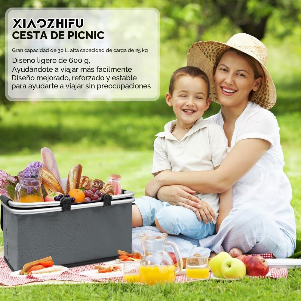 Cesta de Picnic Grande Portátil Plegable Impermeable, Bolsa Térmica con Marco de Aluminio, Oxford Cesta Resistente para Camping y Picnic (Gris)