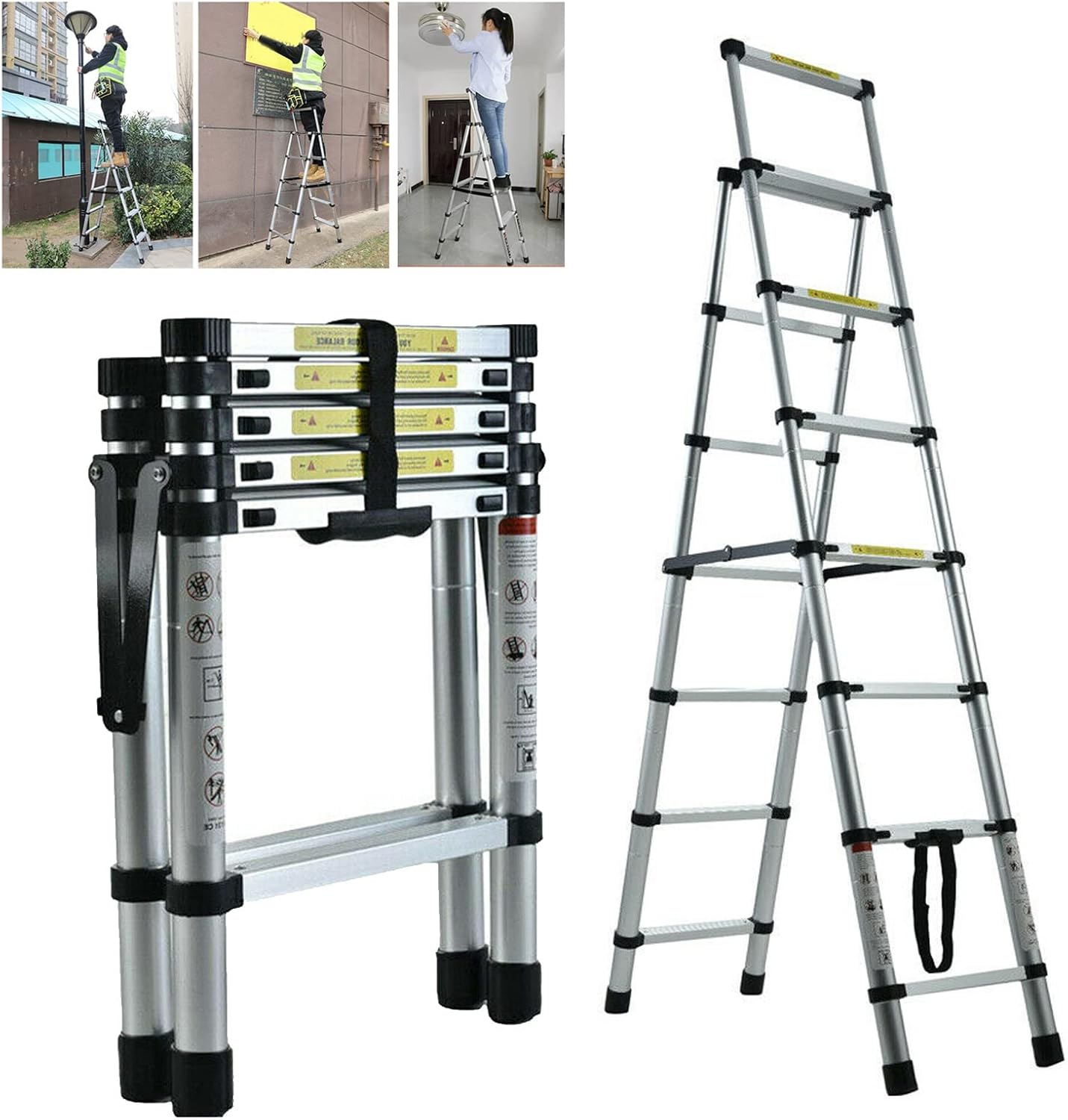 Telescoping Extension Ladder, 10.5 FT Aluminum Telescoping Ladder 3.2M Telescopic Extension Ladder with Locking Mechanism Multi Purpose Compact Ladders for Home Ourdoors 330LB Capa
