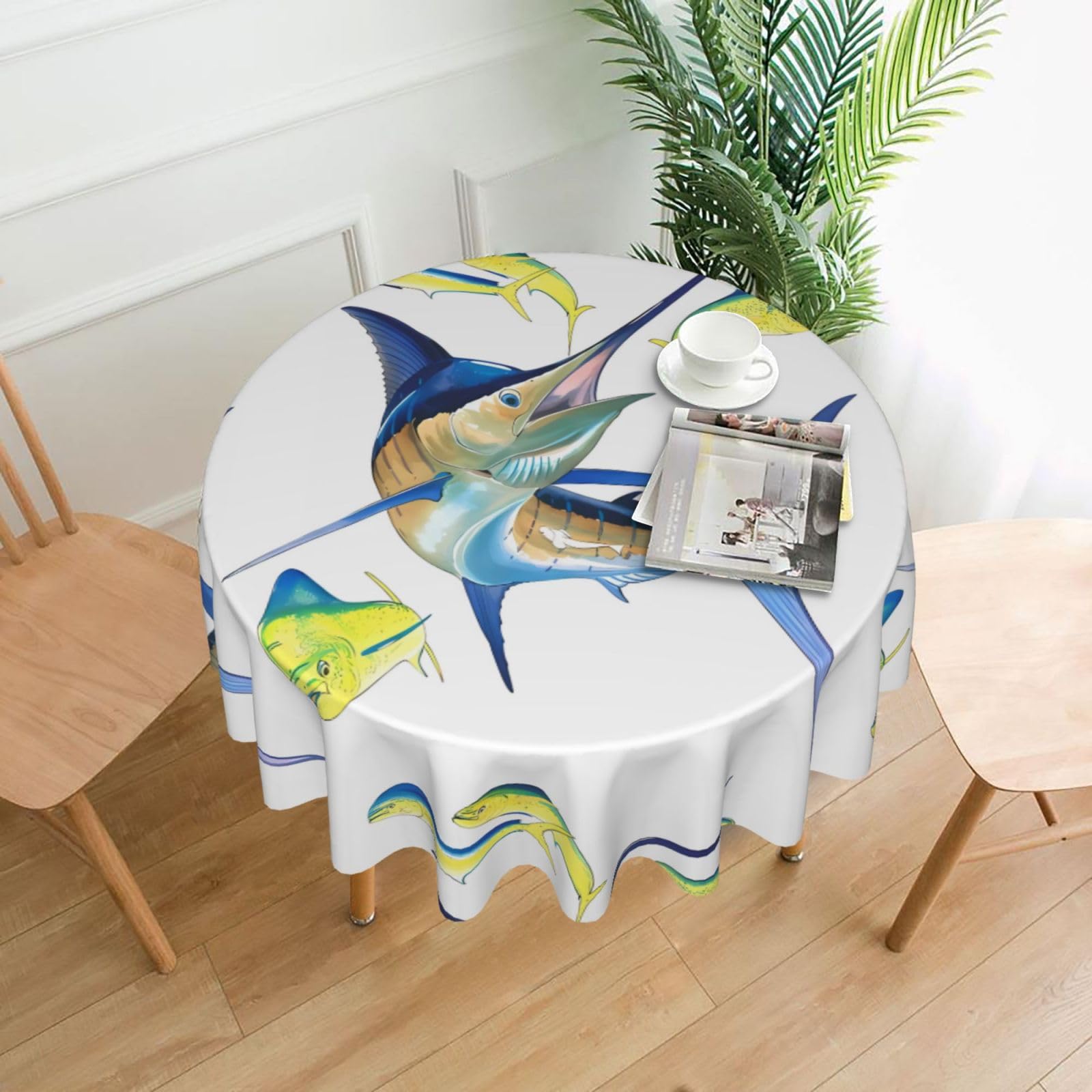 WHJSHOP Fish art Prints Round Table Throw 60 Inch – Waterproof Table Cover for Dining, Coffee Tables, Parties & More - Soft, Wrinkle-Resistant Table Layer